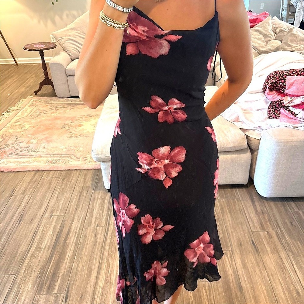 y2k floral Slip Dress Black Asymmetric Ruffle Hem Cowl Neck Spain